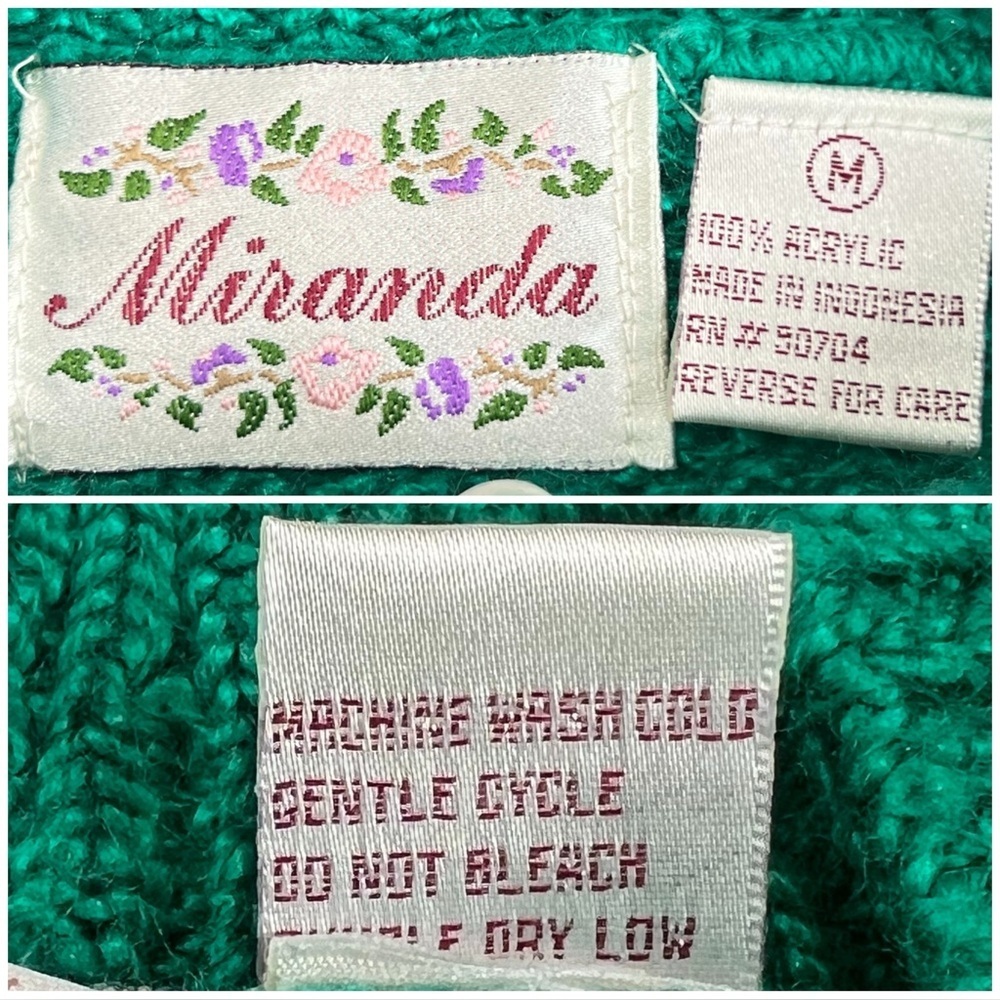 Vintage Cable Knit Sweater Faux Pearl Tall Collar Miranda Emerald Green Medium M - Picture 10 of 17